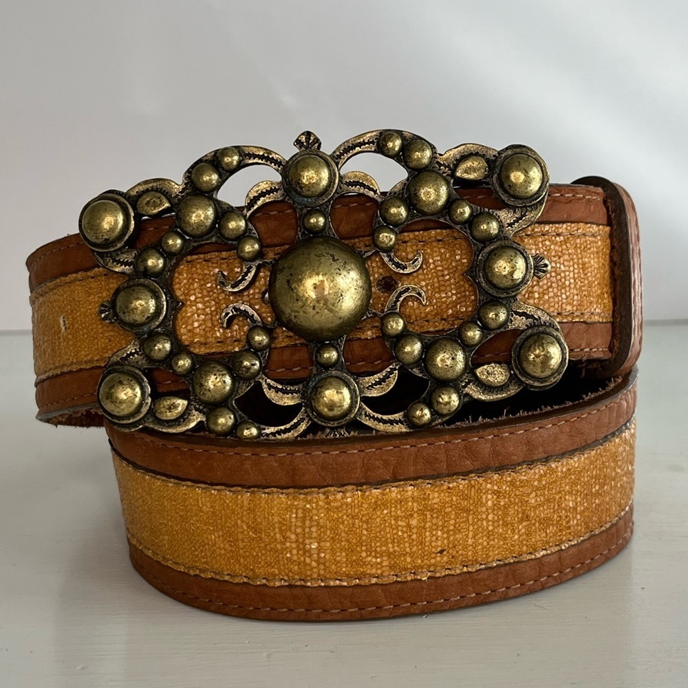 Leatherock Vintage Antiqued Brass Ornate Buckle  100% Leather Belt Snakeskin M
